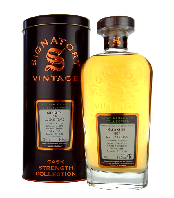 Signatory Vintage, GLEN KEITH 23 Years Old Cask Strength Collection 1997, 70 cl, 54 % Vol. (Whisky), Schottland, Speyside,   Dieser GLEN KEITH gehrt zur Cask Strength Collection von Signatory Vintage und reift 23 Jahre lang im Refill Hogshead.  Destilliert: 26. Mai 1997 Abgefllt: 24. November 2020 Fassnummer: 72586 Limitiert auf 252 Flaschen weltweit.      Farbe: Helles Gold. Nase: Frische Frchte, Nsse, Kaffee. Geschmack: Frische und fruchtige Noten, Biskuit. Abgang: Lang anhaltend.