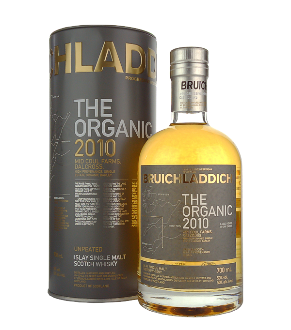 Bruichladdich THE ORGANIC 2010 Single Malt Scotch Whisky, 70 cl, 50 % Vol., Schottland, Isle of Islay, Der Bruichladdich The Organic 2010 Single Malt Scotch Whisky ist ein ungetorfter Whisky von der Brennerei Bruichladdich mit Sitz auf der Insel Islay. Er ist eine Limited Edition und gehrt zu der Kollektion an Single Malts, die ausschliesslich aus biologisch angebauter Gerste von den Mid Coul Farms hergestellt werden. Dabei wird bei der Kultivierung komplett auf den Einsatz von Herbiziden, Pestiziden und Kunstdnger verzichtet. Die Gerste fr den Organic 2010 wurde im Jahr 2009 geerntet. Der Whi
