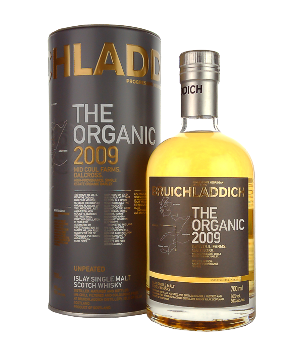 Bruichladdich THE ORGANIC 2009 Single Malt Scotch Whisky, 70 cl, 50 % Vol., Schottland, Isle of Islay, Der Bruichladdich The Organic 2009 Single Malt Scotch Whisky ist ein ungetorfter Whisky von der Brennerei Bruichladdich mit Sitz auf der Insel Islay. Er ist eine Limited Edition und gehrt zu der Kollektion an Single Malts, die ausschliesslich aus biologisch angebauter Gerste von den Mid Coul Farms hergestellt werden. Dabei wird bei der Kultivierung komplett auf den Einsatz von Herbiziden, Pestiziden und Kunstdnger verzichtet. Die Gerste fr den Organic 2009 wurde im Jahr 2008 geerntet. Der Whi