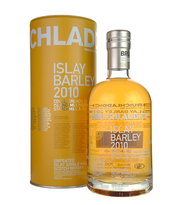 Bruichladdich Islay Barley 2010 Single Malt Scotch Whisky, 70 cl, 50 % Vol., Schottland, Isle of Islay, Die Gerstensorten Optic und Oxbridge wurden 2009 auf der ganzen Insel gepflanzt. Deren  Geist wurde Anfang 2010 destilliert und er war sauber, reich und malzig, bevor er in ehemalige Bourbon- und franzsische Weinfsser gefllt wurde und in unseren Lagerhusern am Loch Indaal reifte.  Ein unverkennbar Bruichladdich mit starkem Charakter. Um seine ganze Qualitt zur Geltung zu bringen, bedarf es etwas Wasser als Zugabe.  Die letzten Exemplare dieses Whisky's.