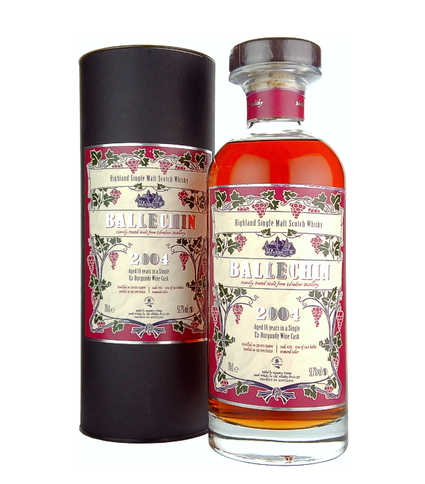 Edradour Ballechin 16 Years Old Single Ex-Burgundy Wine Cask 2004, 70 cl, 51.7 % Vol. (Whisky), Schottland, Highlands, Die heavily peated Malts der Edradour Destillerie tragen den Namen 'Ballechin'.  Ob in einem Second- oder First-Fill-Bourbon-Fass, in einem Ex-Manzanilla-Fass oder in einem Rum-Fass gereift, Ballechin beweist Jahr fr Jahr, dass er ein grossartiger getorfter Single Malt ist.  Diese Version, die in einem ehemaligen Burgunderfass gereift ist, fgt dem 2002 begonnenen Bauwerk mehr als nur einen weiteren Stein hinzu.  Die Aromapalette ist bereits ein wahres Meisterwerk, bei dem jede Note den perfekt