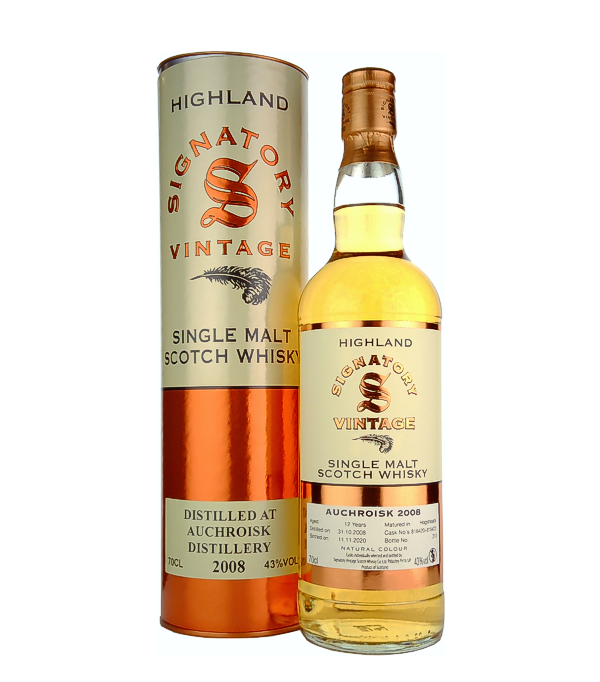 Signatory Vintage, AUCHROISK 12 Years Old Vintage Collection 2008, 70 cl, 43 % Vol. (Whisky), Schottland, Speyside, Der Abfller 'Signatory Vintage' ist auf Einzelfassabfllungen spezialisiert. Der Name 'Signatory Vintage' stammt von der Idee, jede Abfllung mit der Unterschrift einer berhmten Persnlichkeit zu versehen. Doch dieses Vorhaben wurde nicht umgesetzt. Die erste Abfllung wurde schon verkauft, bevor ein passender Unterzeichner fr die Flasche gefunden werden konnte. Dieser Whisky reift 12 Jahre lang und wird in seiner natrlichen Farbgebung abgefllt und nicht khlfiltriert.  Destilliert: 31. Okt