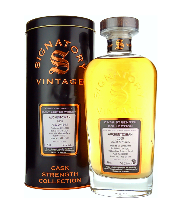 Signatory Vintage, AUCHENTOSHAN 20 Years Old Cask Strength Collection 2000, 70 cl, 59.2 % Vol. (Whisky), Schottland, Lowlands,   Dieser Whisky gehrt zur Cask Strength Collection von Signatory Vintage und reift 19 Jahre lang im Bourbonfass. Die Cask Strength Collection wird weder gefrbt noch khlfiltriert.  Destilliert: 07.02.2000 Abgefllt: 13.01.2020  Limitiert auf 177 Flaschen weltweit.