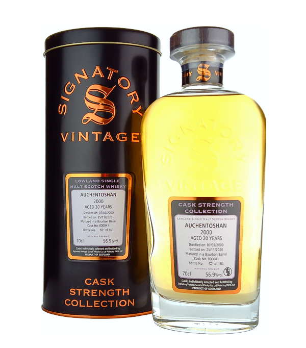 Signatory Vintage, AUCHENTOSHAN 20 Years Old Cask Strength Collection 2000, 70 cl, 56.9 % Vol. (Whisky), Schottland, Lowlands, Dieser Whisky gehrt zur Cask Strength Collection von Signatory Vintage und reift 19 Jahre lang im Bourbonfass. Die Cask Strength Collection wird weder gefrbt noch khlfiltriert.  Destilliert: 07.02.2000 Abgefllt: 25.11.2020 Fass Nummer: 800041 Anzahl Flaschen: 163