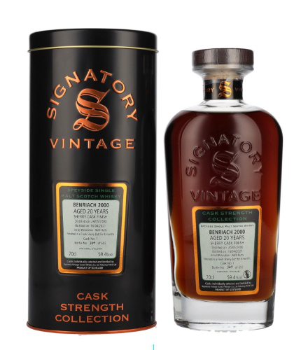 Signatory Vintage, BENRIACH 20 Years Old Cask Strength Collection 2000, 70 cl, 59.4 % Vol. (Whisky), Schottland, Speyside,   Dieser Whisky gehrt zur Cask Strength Collection von Signatory Vintage und reift 20 Jahre lang in Refill Butts. Die Cask Strength Collection wird weder gefrbt noch khlfiltriert. Destilliert: 24.05.2000 Abgefllt: 16.04.2021 Limitiert auf 692 Flaschen weltweit.          Farbe: Helles Gold. Nase: Frische Frchte, Schokolade, Nsse. Geschmack: Frische und fruchtige Noten, Pfirsiche, Biskuit. Abgang: Lang anhaltend.