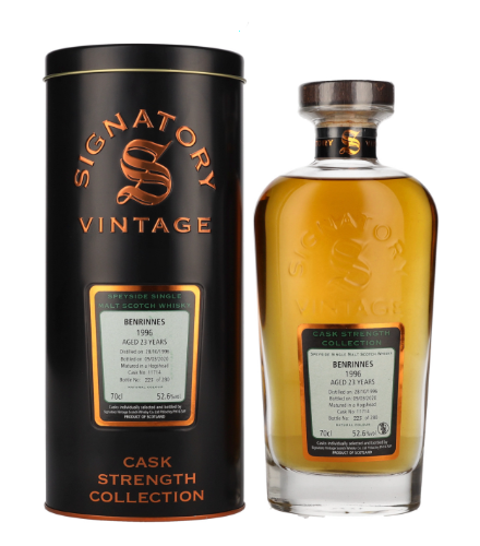 Signatory Vintage, BENRINNES 23 Years Old Cask Strength Collection 1996, 70 cl, 52.6 % Vol. (Whisky), Schottland, Speyside,  Dieser Whisky gehrt zur Cask Strength Collection von Signatory Vintage und reift 23 Jahre lang im Refill Hogshead. Destilliert: 28. Oktober 1996 Abgefllt: 09. Mrz 2020 Fassnummer: 11714 Limitiert auf 280 Flaschen weltweit.          Farbe: Helles Gold. Nase: Frische Frchte, Nsse, Kaffee. Geschmack: Frische und fruchtige Noten, Schokolade, Biskuit. Abgang: Lang anhaltend.