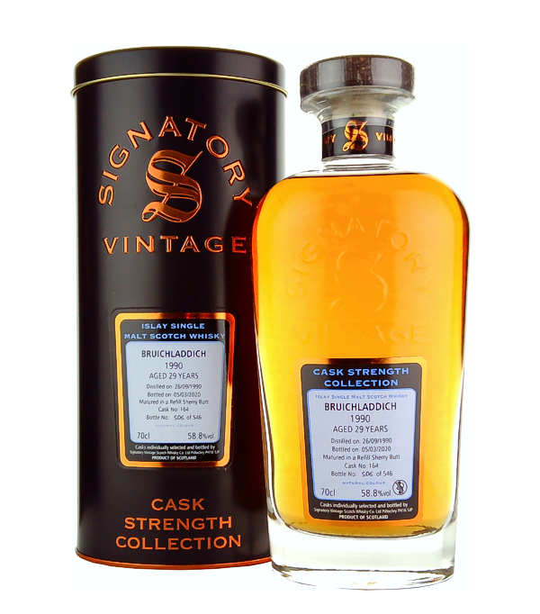 Signatory Vintage, Bruichladdich 29 Years Old Cask Strength Collection 1990, 70 cl, 58.8 % Vol. (Whisky), Schottland, Isle of Islay, Dieser Whisky gehrt zur Cask Strength Collection von Signatory Vintage und reift 29 Jahre lang im Refill Sherry Butt.  Destilliert: 29. September 1990 Abgefllt: 05. Mrz 2020 Fassnummer: 164  Limitiert auf 546 Flaschen weltweit.          Farbe: Helles Gold. Nase: Frische Frchte, Nsse, Mokka. Geschmack: Frische und fruchtige Noten, Schokolade, Kaffee, Biskuit. Abgang: Lang anhaltend.