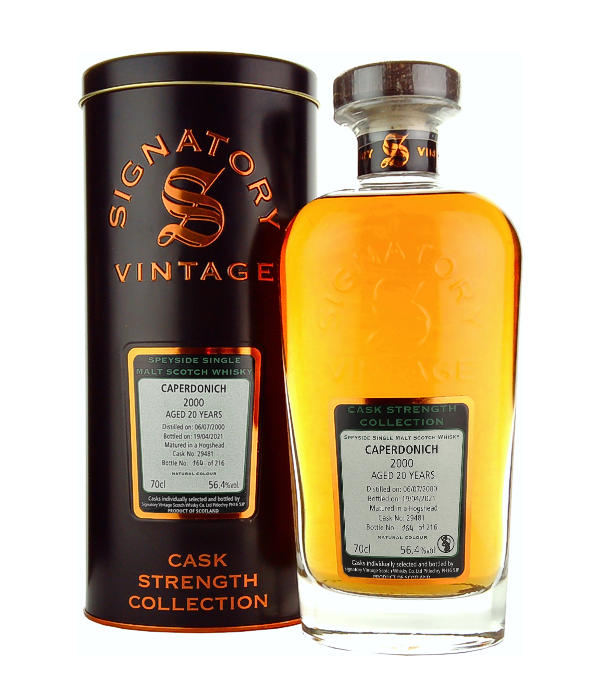 Signatory Vintage, CAPERDONICH 20 Years Old Cask Strength Collection 2000, 70 cl, 56.4 % Vol. (Whisky), Schottland, Speyside, Dieser Whisky gehrt zur Cask Strength Collection von Signatory Vintage und reift 20 Jahre lang im Refill Hogshead.  Destilliert: 06. Juli 2000 Abgefllt: 19. April 2021 Fassnummer: 29481  Limitiert auf 216 Flaschen weltweit.     Die Caperdonich Distillery wurde Ende 2010 abgerissen. Es handelt sich hier also um eine ghost distillery.  