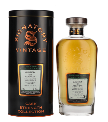 Signatory Vintage, GLEN ELGIN 24 Years Old Cask Strength Collection 1995, 70 cl, 51.3 % Vol. (Whisky), Schottland, Speyside,  Dieser Whisky gehrt zur Cask Strength Collection von Signatory Vintage und reift 24 Jahre lang im Refill Hogshead. Destilliert: 22. Dezember 1995 Abgefllt: 05. Juni 2020 Fassnummer: 3263 Limitiert auf 269 Flaschen weltweit.          Farbe: Sattes Strohgold. Nase: Kaubonbons, Obstsalat, Melonensirup, Erdbeergelee. Geschmack: Rosenwasser, Orangeschalen, Bananen, klassische Glen Elgin Orangenmarmelade Noten. Abgang: Lang anhaltend, Torf, Orangen, Limetten.