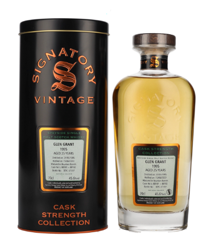 Signatory Vintage, GLEN GRANT 25 Years Old Cask Strength Collection 1995, 70 cl, 45.6 % Vol. (Whisky), Schottland, Speyside,   Dieser Whisky gehrt zur Cask Strength Collection von Signatory Vintage und reift 25 Jahre lang in Bourbon Barrels. Destilliert: 31. Mai 1995 Abgefllt: 15. Juni 2020 Fassnummer: 88181+88182 Limitiert auf 337 Flaschen weltweit.          Farbe: Helles Gold. Nase: Frische Frchte, Nsse, Kaffee, Mokka. Geschmack: Frische und fruchtige Noten, Schokolade, Biskuit. Abgang: Lang anhaltend.