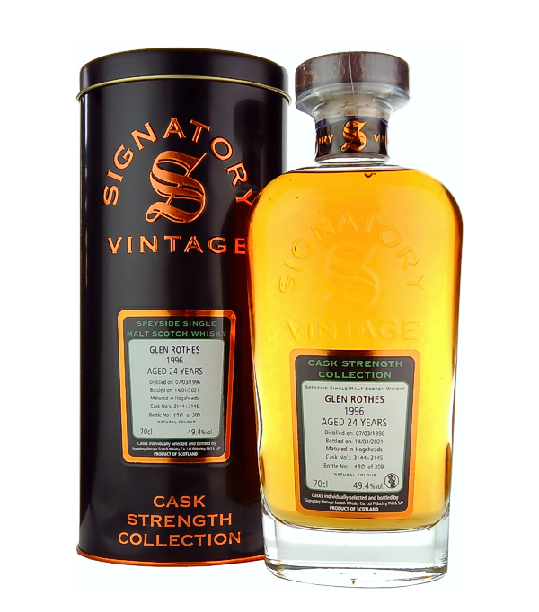 Signatory Vintage, GLEN ROTHES 24 Years Old Cask Strength Collection 1996, 70 cl, 49.4 % Vol. (Whisky), Schottland, Speyside,  Dieser Whisky gehrt zur Cask Strength Collection von Signatory Vintage und reift 24 Jahre lang im Refill Hogshead. Destilliert: 07. Mrz 1996 Abgefllt: 14. Jnner 2021 Fassnummer: 3144+3145 Limitiert auf 309 Flaschen weltweit.          Farbe: Helles Gold. Nase: Frische Frchte, Nsse, Mokka, Kaffee. Geschmack: Frische und fruchtige Noten, Schokolade, Kaffee, Biskuit. Abgang: Lang anhaltend.