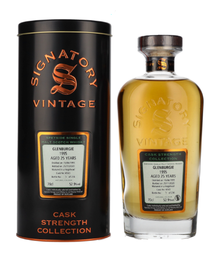 Signatory Vintage, GLENBURGIE 25 Years Old Cask Strength Collection 1995, 70 cl, 52.9 % Vol. (Whisky), Schottland, Speyside,  Signatory Vintage hat sich auf den Ankauf von Whiskys aus verschiedenen Brennereien spezialisiert. Dieser Whisky gehrt zur Cask Strength Collection von Signatory Vintage und reift 25 Jahre lang im Ex-Bourbon-Hogshead. Destilliert: 15. Juni 1995 Abgefllt: 25. November 2020 Fassnummer: 6543 Limitiert auf 236 Flaschen.          Farbe: Strohgold. Nase: Gezuckerte Mandeln, Crme brle, zarte Vanille, Noten von gelben pfeln, exotische Frchte. Geschmack: Sss, junge Aprikosen, Walnsse, Noten von