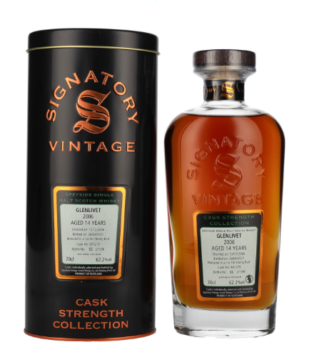 Signatory Vintage, GLENLIVET 14 Years Old Cask Strength Collection 2006, 70 cl, 62.2 % Vol. (Whisky), Schottland, Speyside, Dieser Whisky gehrt zur Cask Strength Collection von Signatory Vintage und reift 14 Jahre lang im First Fill Sherry Butt. Destilliert: 12. Dezember 2006 Abgefllt: 26. April 2021 Fassnummer: 901279 Limitiert auf 598 Flaschen weltweit.          Farbe: Helles Gold. Nase: Frische Frchte, Schokolade, Mokka, Kaffee. Geschmack: Frische und fruchtige Noten, Nsse, Biskuit, Kaffee. Abgang: Lang anhaltend.
