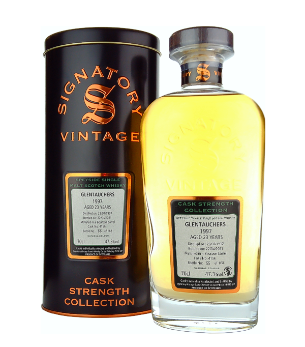 Signatory Vintage, Glentauchers 23 Years Old Cask Strength Collection 1997, 70 cl, 47.3 % Vol. (Whisky), Schottland, Speyside, Dieser Whisky gehrt zur Cask Strength Collection von Signatory Vintage und reift 23 Jahre lang in Bourbon Barrels.  Destilliert: 23. Juli 1997 Abgefllt: 22. April 2021 Fassnummer: 4156  Limitiert auf 168 Flaschen weltweit.     