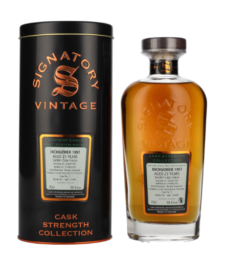 Signatory Vintage, INCHGOWER 23 Years Old Cask Strength Collection 1997, 70 cl, 59.5 % Vol. (Whisky), Schottland, Speyside,  Dieser Whisky gehrt zur Cask Strength Collection von Signatory Vintage und reift 23 Jahre lang im Refill Hogshead. Destilliert: 24. April 1997 Abgefllt: 31. August 2020 Fassnummer: 3 Limitiert auf 690 Flaschen weltweit.          Farbe: Bernstein. Nase: Noten von Pflaumen, dunkler Schokolade, Kaffee, Eichenholz. Geschmack: Intensiv, Trockenobst, Leder, Kaffee. Abgang: Lang anhaltend, wrzig sss, leicht trocken, Nsse.