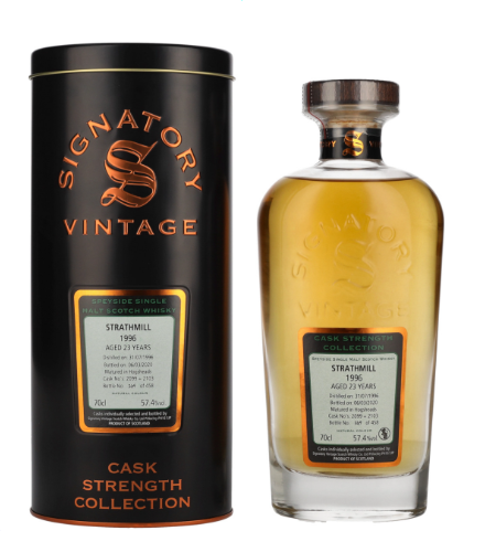 Signatory Vintage, Strathmill 23 Years Old Cask Strength Collection 1996, 70 cl, 57.4 % Vol. (Whisky), Schottland, Speyside, Dieser Whisky gehrt zur Cask Strength Collection von Signatory Vintage und reift 23 Jahre lang im Refill Hogshead. Destilliert: 31. Juli 1996 Abgefllt: 06. Mrz 2020 Fassnummer: 2099+2103 Limitiert auf 458 Flaschen weltweit.          Farbe: Helles Gold. Nase: Frische Frchte, Nsse, Schokolade, Mokka. Geschmack: Frische und fruchtige Noten, Schokolade, Biskuit. Abgang: Lang anhaltend.