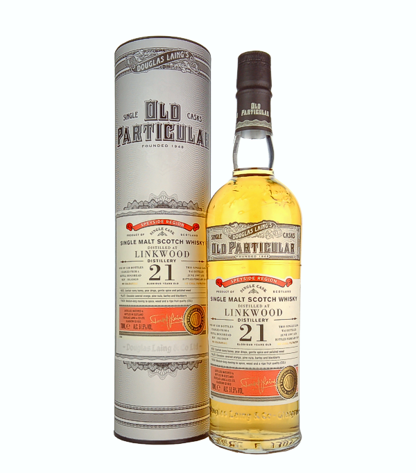 Douglas Laing & Co., Linkwood Old Particular 21 Years Old Single Cask Malt 1997, 70 cl, 51.5 % Vol. (Whisky), Schottland, Speyside, Douglas Laings Old Particular Reihe besteht aus individuell ausgewhlten Malts aus ganz Schottland, die nach hchster Qualittsstufe hergestellt werden.  Diese Malts werden weder kltefiltriert noch mit Farbzusatzstoffen versehen und sind mit ihren Single Cask Abfllungen einzigartig.  Der Linkwood Old Particular Single Cask 21 Years Old reif 21 Jahre lang im Re-Fill Hogshead.  Destilliert: Juni 1997 Abgefllt: Februar 2019  Limitiert auf 128 Flaschen weltweit!      Farbe: Gold. Nase: Schottisc