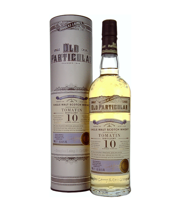 Douglas Laing & Co., Tomatin Old Particular 10 Years Old Single Cask Malt 2008/2018, 70 cl, 48.4 % Vol. (Whisky), Schottland, Highlands, Der Douglas Laing Tomatin Old Particular Single Cask 18 Years Old wird in Fassstrke abgefllt  zustzlich wurde dieser Whisky weder gefrbt noch kltefiltriert.  Destilliert: Dezember 2008 Abgefllt: November 2019  Limitiert auf 384 Flaschen!      Farbe: Helles Gold. Nase: Reichhaltige Aromen, Gerste, Gewrze, Frchte. Geschmack: Vanille, etwas salzig. Abgang: Lang anhaltend, Melasse.
