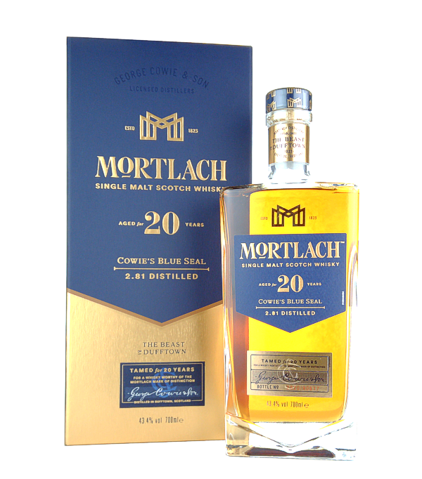 Mortlach 20 Years Old COWIE'S BLUE SEAL Single Malt Scotch Whisky, 70 cl, 43.4 % Vol., Schottland, Speyside, Mortlach verffentlicht das 2018er Dufftown-Trio mit einem 12 jhrigen, 16 jhrigen und 20 jhrigen Whisky.   Der Mortlach 20 Years Old reift in ehemaligen Sherry Fssern heran.    Die Zahl 2,81 auf dem Etikett steht fr die Anzahl der Destillationen. Mortlach schafft es, seinen Whisky 2,81 Mal zu destillieren.  Der Vorgang wird von Mortlach auch als 'The Way' bezeichnet und beginnt mit einem Brennvorgang bei dem sechs verschiedene Brennblasen verwendet werden und 1/5 davon durch eine weitere kl