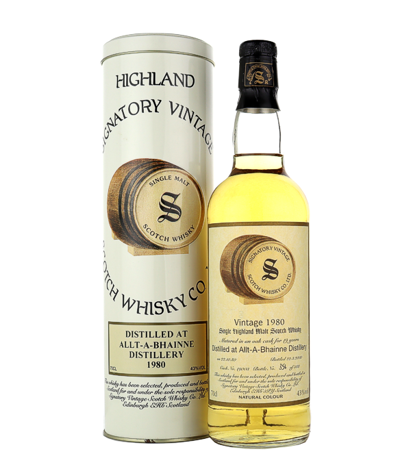 Signatory Vintage, Allt-A-Bhainne 19 Years Old Vintage Collection 1980, 70 cl, 43 % Vol. (Whisky), Schottland, Speyside, Destilliert: 1980 Abgefllt: 2000 Fass Nummer: 19003 Anzahl Flaschen: 388
