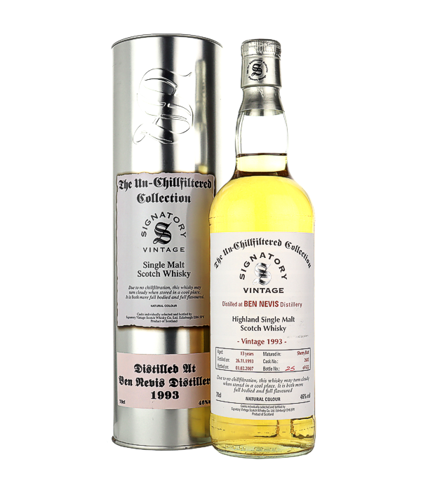 Signatory Vintage, Ben Nevis 13 Years Old The Un-Chillfiltered Collection 1993/2007, 70 cl, 46 % Vol. (Whisky), Schottland, Speyside, Destilliert: 1993 Abgefllt: 2007 Fass Nummer: 2683 Anzahl Flaschen: 632