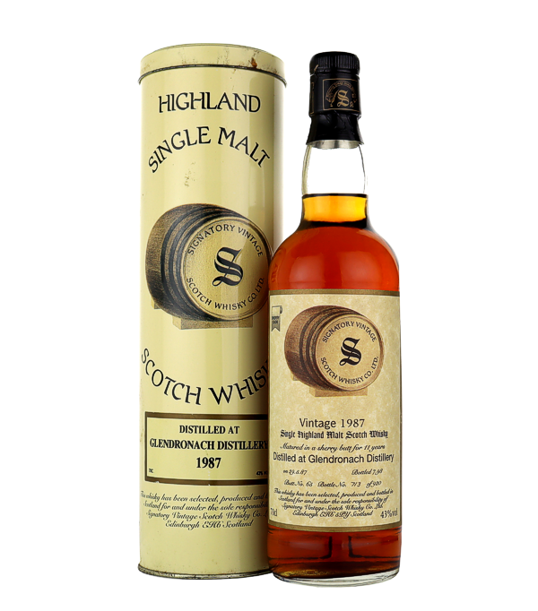 Signatory Vintage, Glendronach 11 Years Old Vintage Collection 1987/1998, 70 cl, 43 % Vol. (Whisky), Schottland, Speyside, Dieser Glendronach Vintage 1987 Single Malt Scotch Whisky aus den 80er Jahren ist heute kaum mehr zu finden. Ein exklusives Stck Whisky-Geschichte von Glendronach, abgefllt von Signatory Vintage fr Kenner, Sammler und Liebhaber erstklassiger Old Style Scotch Whiskys!  Destilliert: 1987 Abgefllt: 1998 Fass Nummer: 65 Anzahl Flaschen: 920  Fllstand der Flasche wie auf dem Foto vom Oktober 2023. Die Bchse hat mit ihren 26 Jahren etwas an Rost abbekommen, aber sie ist dennoch in sehr gutem Zus