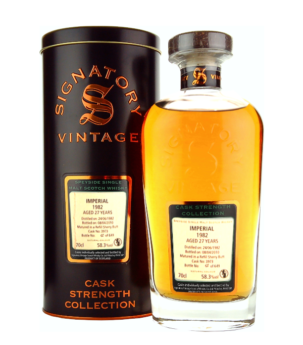 Signatory Vintage, Imperial 27 Years Old Cask Strength Collection 1982, 70 cl, 58.3 % Vol. (Whisky), Schottland, Speyside, Destilliert: 1982 Abgefllt: 2010 Fass Nummer: 3973 Anzahl Flaschen: 649
