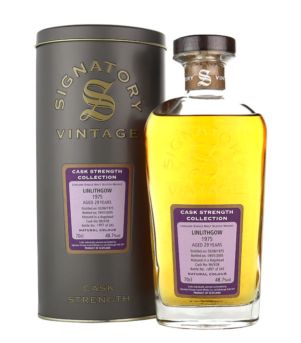 Signatory Vintage, Linlithgow 29 Years Cask Strength Collection 1975/2004 Whisky, 70 cl, 48.7 % Vol., Schottland, Speyside, Dieser Whisky der geschlossenen Destillerie Linlithgow / St. Magdalene ist ein gesuchtes Stck Geschichte auf dem Whiskymarkt.  Distillerie: St Magdalene Distillery Destilliert: 1975 Abgefllt: 2005 Fass Nummer: 96/3/38 Anzahl Flaschen: 343  