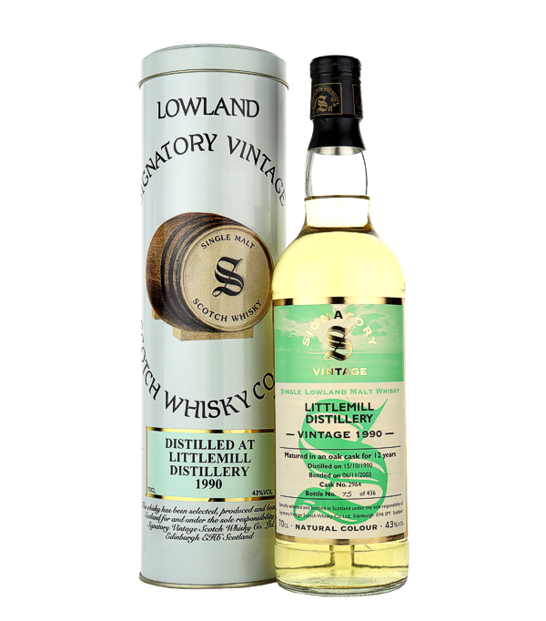 Signatory Vintage, Littlemill 12 Years Old Vintage Collection 1990, 70 cl, 43 % Vol. (Whisky), Schottland, Speyside, Wir konnten noch eine Flache auf einer Auktion ersteigern, ein seltenes Stck Whiskygeschichte!  Signatory Vintage, Littlemill 12 Jahre Vintage Collection 1990 ist ein 12 jhriger Single Malt Whisky der stillgelegten Brennerei Littlemill. Die Distillerie wurde 1997 abgebaut, die berreste wurden dann im Jahr 2002 komplett zerstrt.  Destilliert: 15.10.1990 Abgefllt: 10.6.2003 Fass Nummer: 2964 Anzahl Flaschen: 436