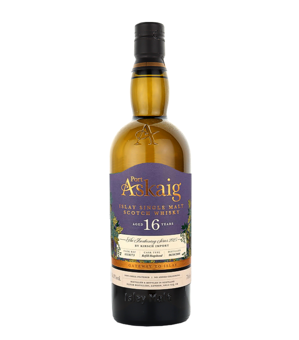 Port Askaig 16 Years Old Refill Hogshead �The Awakening Series� 2008, 70 cl, 54.8 % Vol. (Whisky), Schottland, Isle of Islay, Dieser 16 Jahre gereifte Islay Single Malt stammt aus der limitierten �The Awakening Series 2025�, die anl�sslich der ersten Whisky Live Messe in Hamburg kreiert wurde. Abgef�llt von Elixir Distillers, zeigt der Port Askaig die pure Kraft und Tiefe der rauen Insel in FAssst�rke. Gereift wurde er in einem Refill Hogshead-Fass mit der Nummer 318173, das ihm eine feine Balance zwischen torfiger Intensit�t und sanfter Holznote verleiht.  Mit jedem Schluck sp�rt man die raue Sch�nheit und den maritim